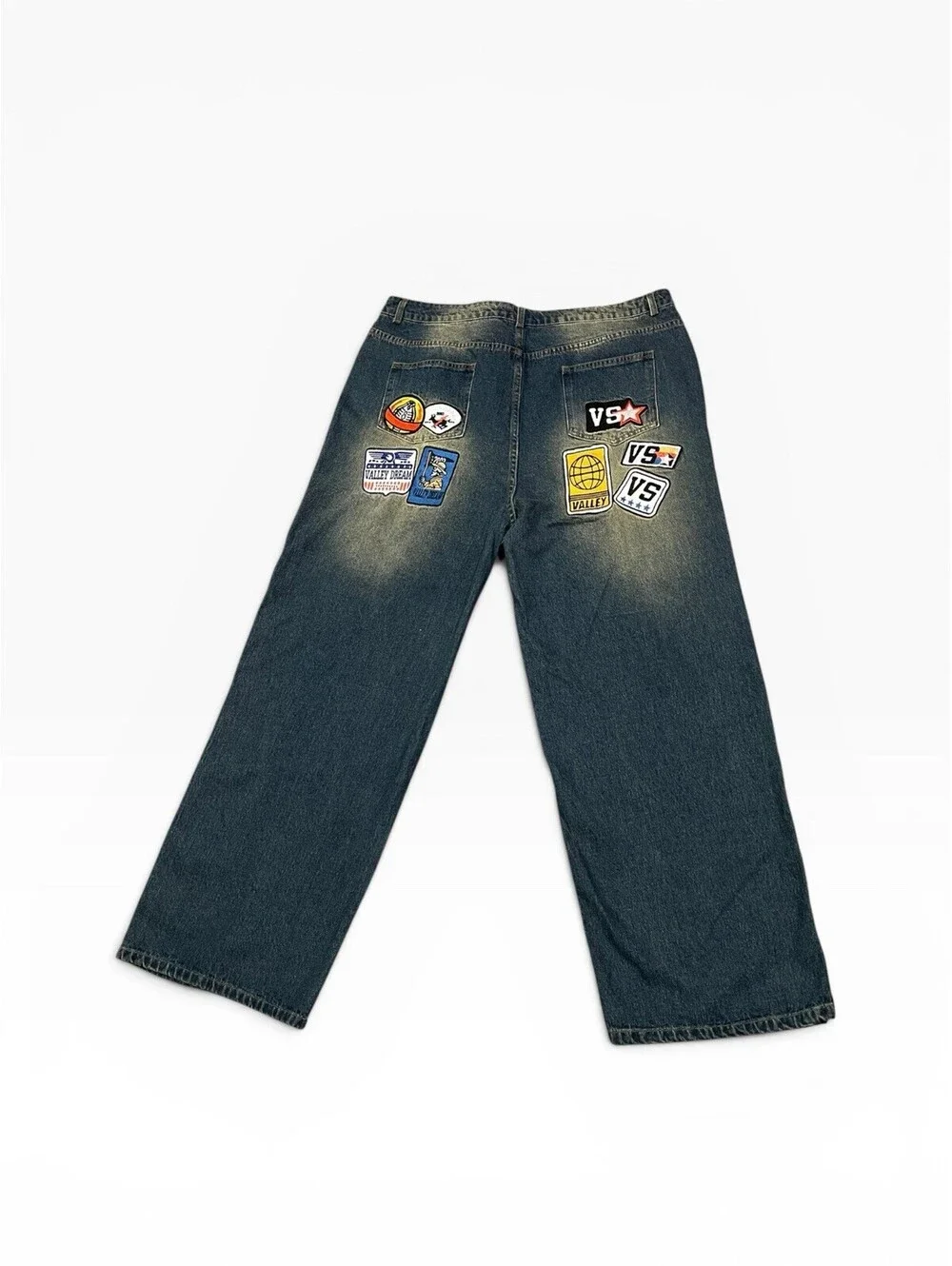 Relaxed Dark Blue Patchwork Jeans with Drawstring Waist